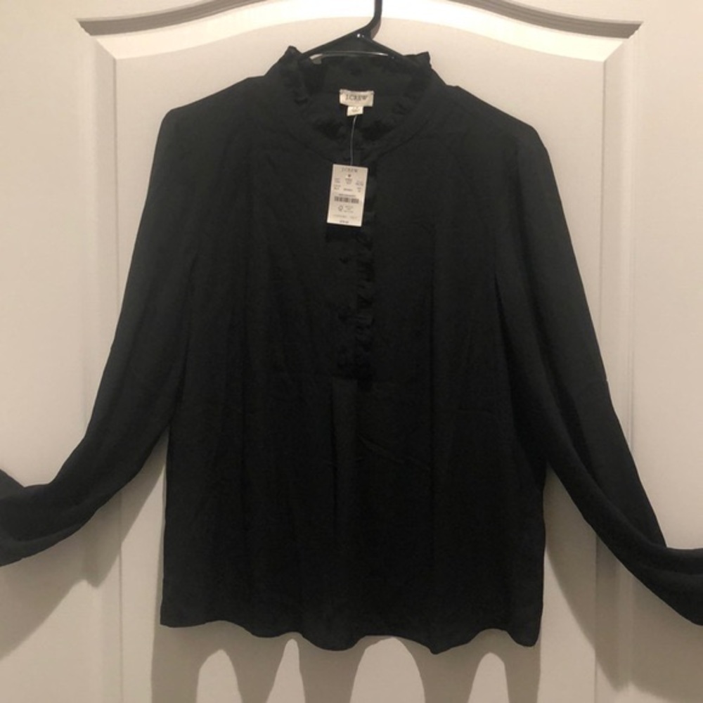 J Crew Long-sleeve black top with ruffles Size 12, style Ba742, new with…